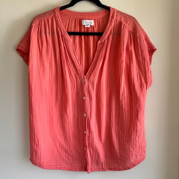 Velvet Capria Challis Top Cotton Gauze Coral Pink Button Front Short Sleeve Sz M - Picture 1 of 5